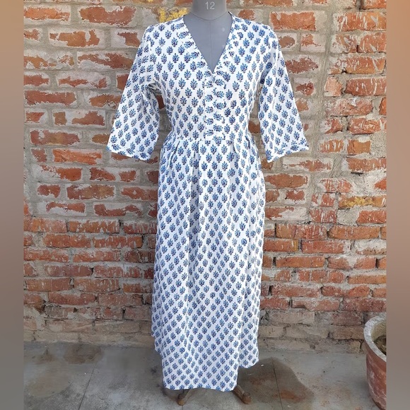 Block print India cotton dress blue & white - Picture 1 of 4